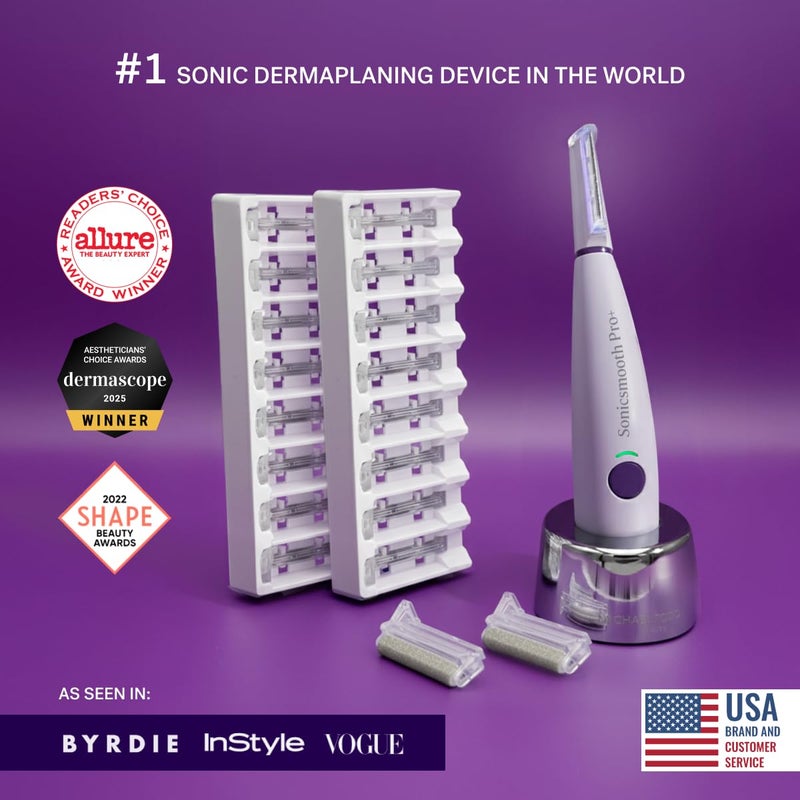 Michael Todd Beauty Sonicsmooth Pro+ Dermaplane Razor for Women Face + Eyebrow Trimmer Dermaplaning System w/LED Light Peach Fuzz Remover -16 Dermaplaning Blades & 2 Microsmooth Exfoliation Tips - Image 2